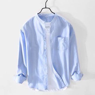 [ทักแชทรับโค้ดลดเพิ่ม] เชิ้ตคอจีนผู้ชายแขนยาว สีพื้น Long-Sleeve Mandarin Collar Shirt (5602)