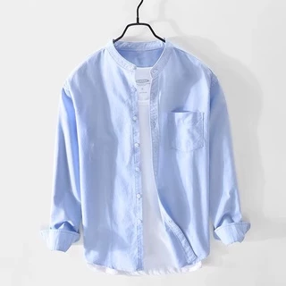 [ทักแชทรับโค้ดลดเพิ่ม] เชิ้ตคอจีนผู้ชายแขนยาว สีพื้น Long-Sleeve Mandarin Collar Shirt (5602)
