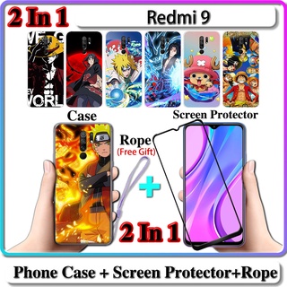 2 IN 1 เคส Redmi 9 พร้อมกระจกนิรภัยโค้ง เซรามิค ป้องกันหน้าจอ นารูโตะ และการออกแบบ One Piece