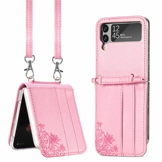 เคสโทรศัพท์มือถือหนัง กันกระแทก ลายดอกไม้ พร้อมสายคล้อง สําหรับ Samsung Galaxy Z Flip 4 3 5G