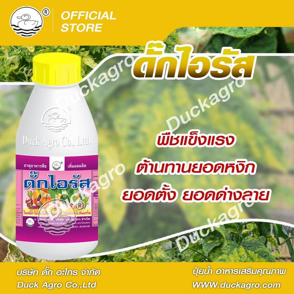 ดั๊กไอรัส ตราเป็ด ปุ๋ยน้ำ ปุ๋ยเคมี พ่นทางใบ ต้านทานไวรัส  ใบด่างลาย ยอดหงิก ยอดตั้ง ขนาดบรรจุ 250 / 500  ซีซี