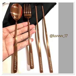 Starbucks Cutlery Set Spoon Fork Sticks Rose Gold With Pouch LIMITED EDITION.