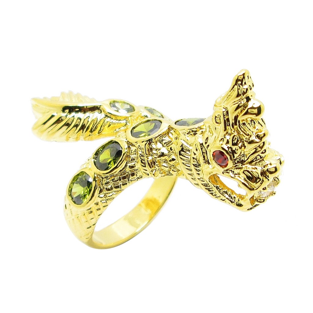 แหวนฟรีไซส์ แหวนพญานาค พลอยสีเขียว ชุบทองแท้