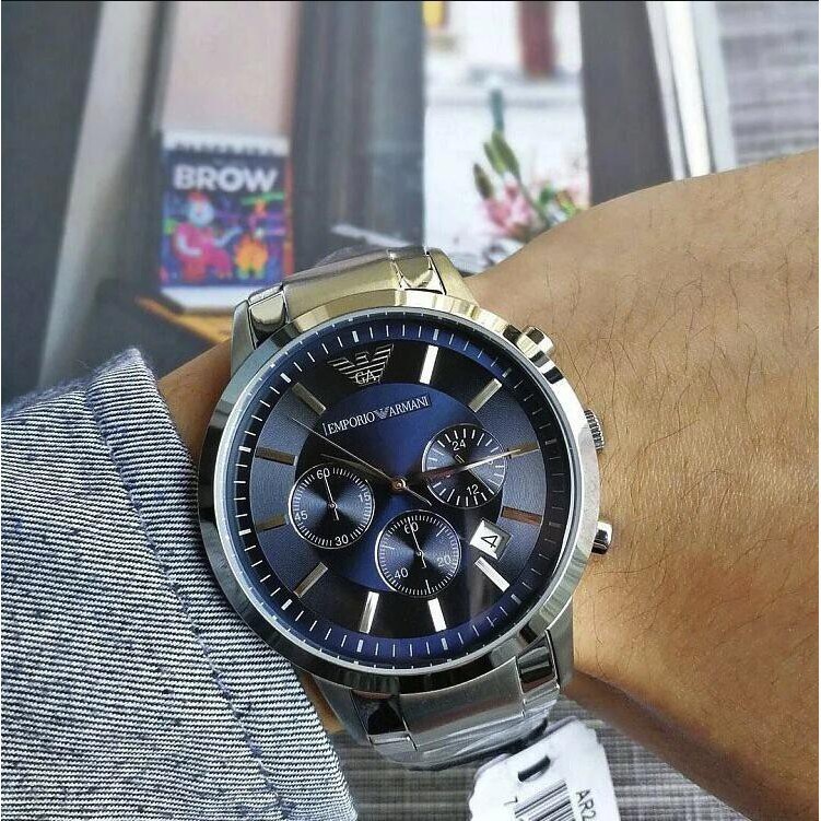ยิงจริง Armani นาฬิกากันน้ำ Armani ควอตซ์โครโนกราฟสามตานาฬิกาสายเหล็กดูสบาย ๆ ที่นิยมป่านาฬิกา AR2448