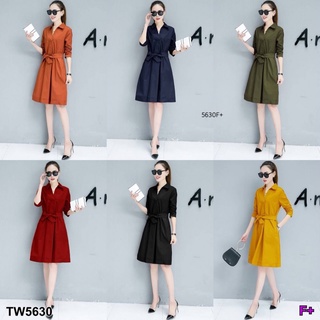 TT5630 เดรสคอปกผูกเอว neck tie waist dress