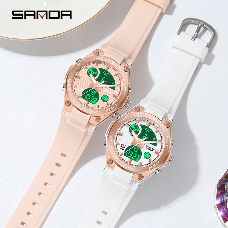SANDA นาฬิกาข้อมือสตรีสุดหรูควอตซ์กันน้ำ LED พร้อมนาฬิกาว่ายน้ำอเนกประสงค์