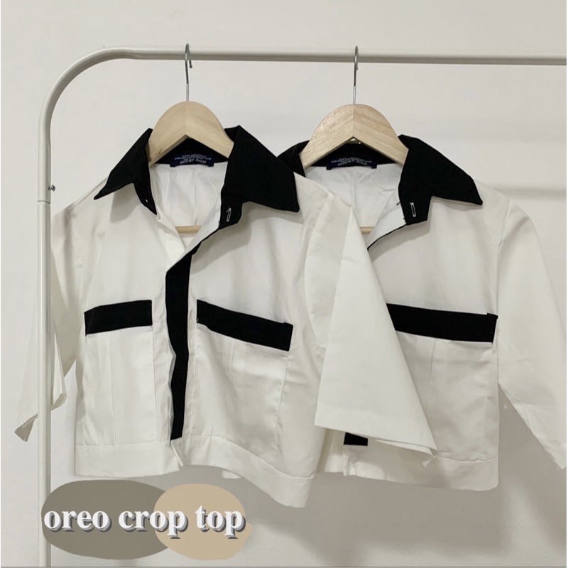 Oreo crop top เสื้อครอปเชิ้ตแขนสั้นผู้หญิงสีขาว แบบใหม่ดาวิกา
