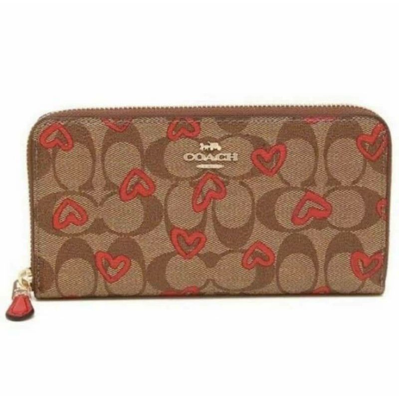 COACH 91649 ACCORDION ZIP WALLET IN SIGNATURE CANVAS WITH CRAYON HEARTS PRINT (IMQA4) Color: IM/KHAKI RED MULTI