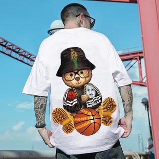 เสื้อยืดแขนสั้นลำลองสำหรับบุรุษและสตรี ทรงหลวม พิมพ์ลายหมีบาสเก็ตบอล สไตล์อเมริกันสตรีทฮิปฮอป เหมาะสำหรับฤดูร้อน