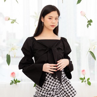 MYLAR - ivy top สี black เสื้อสม็อคแขน ดีเทลผูกโบว์ช่วงอก