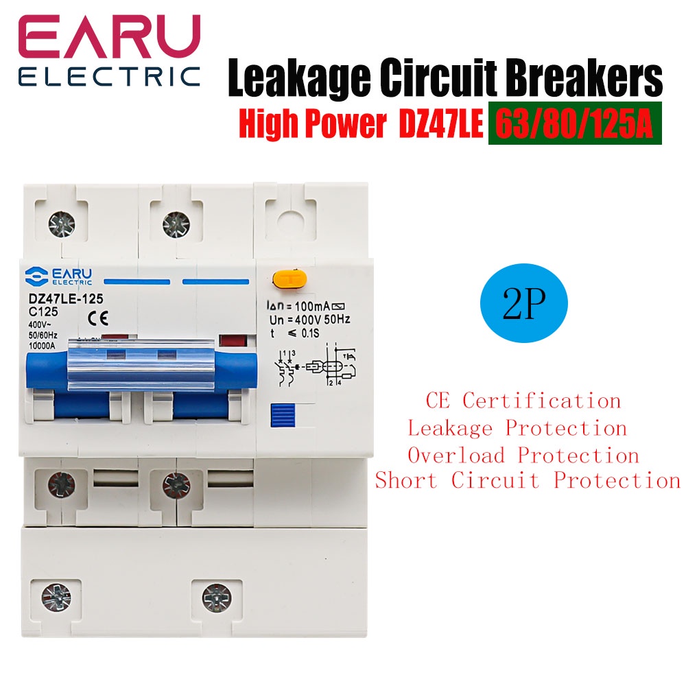 DZ47LE-125 AC400V Three-Phase Leakage Protector RCBO Overload Short Circuit Protection 2P Circuit Breaker Switch 80A 100