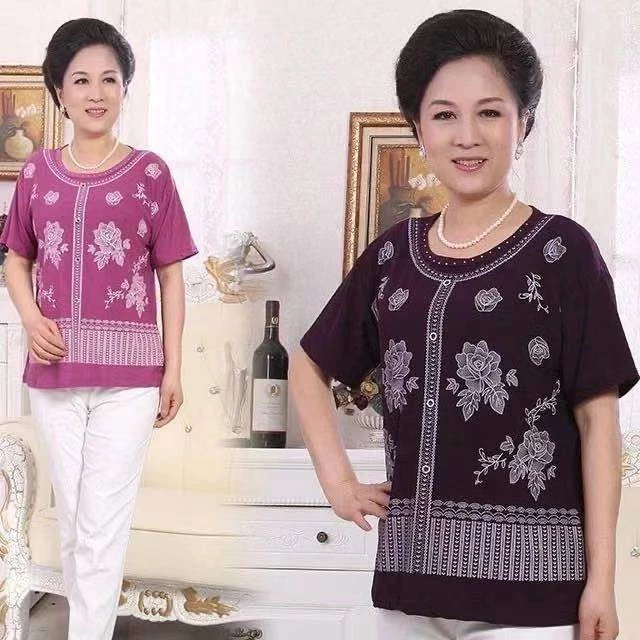 เสอผหญงวยกลางคน คอกลม ผาพมพลาย เสอคณแม ไซสใหญ 3XL อก 43 นว พรอมสงในไทย