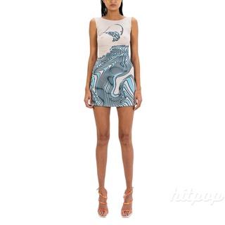 Hitpop-Women’s Casual Sleeveless Dress Abstract Printed Round Neck High Waist Pullover Short Dress