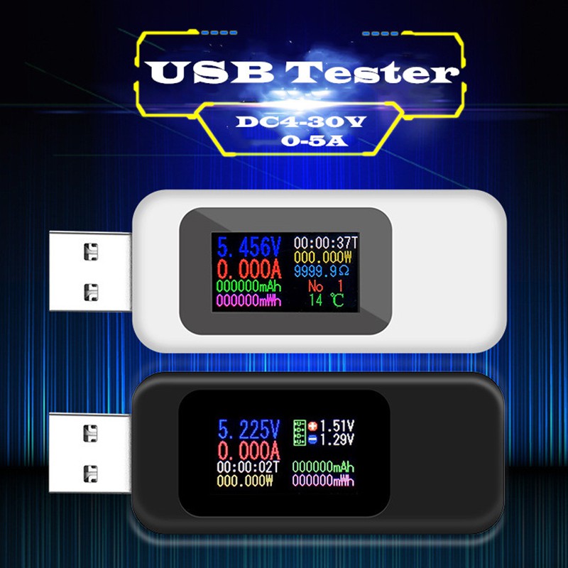 10 in 1 DC หน้าจอสี USB Tester 0-5A ปัจจุบัน 4-30 โวลต์แรงดันไฟฟ้า USB C Harger Tester มิเตอร์ไฟฟ้าเครื่องตรวจจับแบตเตอรี่มือถือ