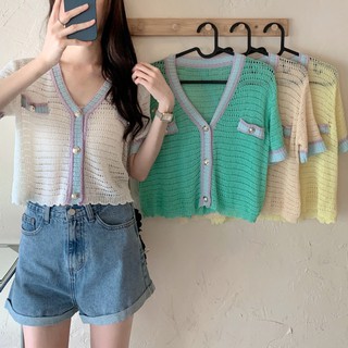 Cicishop(พร้อมส่ง)เสื้อไหมพรมแขนสั้น ไหมพรมซีทรู สีสวยน่ารักเหมาะกับหน้าร้อน(73133)