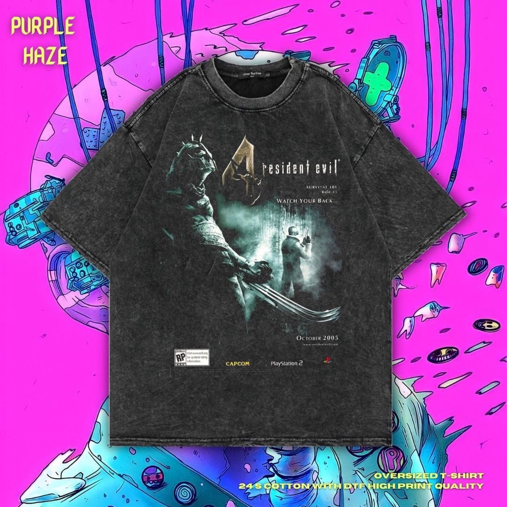 เสื้อยืด ขนาดใหญ่ พิมพ์ลาย Haze Resident Evil 4 สีม่วง | หินล้างทําความสะอาด | เสื้อยืด พิมพ์ลาย Res