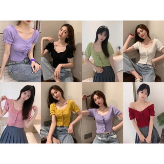 ร้อมส่ง🌈เสื้อครอปปาดไหล่แต่งเชือกรูดผูกหน้า สีพื้นน่ารักมาก