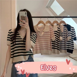 Elves✨พร้อมส่ง✨ เสื้อไหมพรมแขนสั้น คอปก น่ารักใส่สบายใส่ง่ายๆวันเบาๆ ~2Y009~ -C