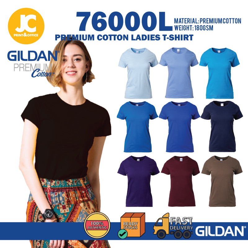 JCP x GILDAN พรีเมี่ยมผ้าฝ้ายสุภาพสตรีผู้หญิงเสื้อยืดรอบคอเสื้อยืดธรรมดา Baju Perempuan 76000L Group