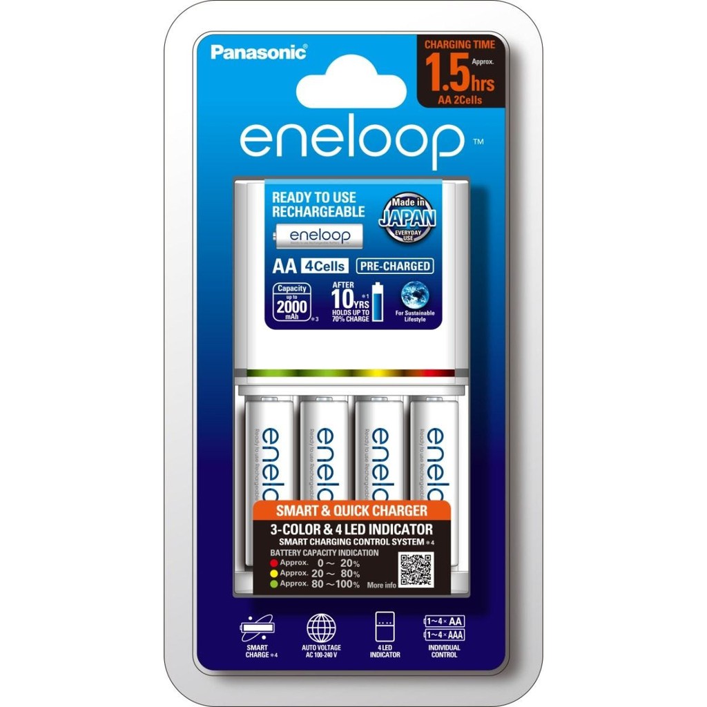 ถ่านชาร์จพร้อมแท่นชาร์จ Eneloop Panasonic Smart & Quick Charger with Eneloop 2,000 mAh AA x 4 pcs. รุ่น K-KJ55MCC40T