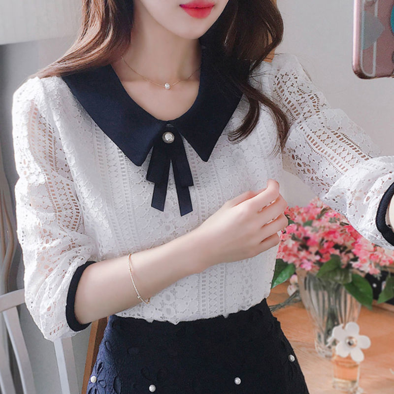 M-5XL ตกแต่งด้วยโบว์ เสื้อเชิ้ตแขนยาว คอตุ๊กตา สไตล์เกาหลี เสื้อผ้าแฟชั่นผู้หญิงลูกไม้ทำงาน เสื้อผ้าสวยๆใส่สบาย - รูปที่ 3