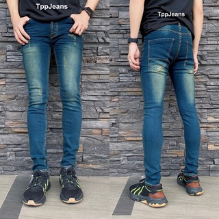 JEANSEXPRESS Skinny Jeans ยีนส์ชายทรงสกินนี่เดฟเข้ารูปยืด ใส่สบาย สีบลูฟอกสนิมเขียว เป้ากระดุม Size26-36 รับชำระปลายทาง