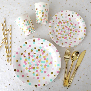 เซ็ทปาร์ตี้วันเกิด ลาย จุด + ดาว จานกระดาษ แก้วกระดาษ จาน แก้ว Polka Dot + Star Birthday Party Paper Plate Cup Table Set