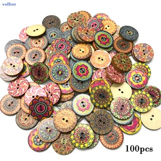 【100 ชิ้น】กระดุมไม้ ทรงกลม พิมพ์ลายดอกไม้ คละสี สําหรับเย็บผ้า งานฝีมือ DIY