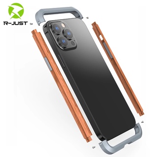 [R-JUST] Metal Bumper + Rose Wood Case for iPhone 14 13 12 Pro Max Slim Frame Aluminum Alloy Cover Skin 14plus 14promax 13mini 12mini