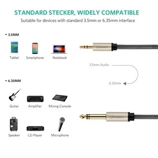 UGREEN รุ่น AV127 แจ๊คต่อสัญญาณ AUX 3.5mm to 6.35mm Aux Adapter Cable สายยาว 1-5 เมตร