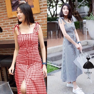 SK9188 Maxi Dress แม็กซี่เดรสผูกไหล่ลายสก็อต เนื้อผ้าทออย่างดี ติดกระดุมด้านหน้า ทรงน่ารักใส่ได้บ่อยๆ