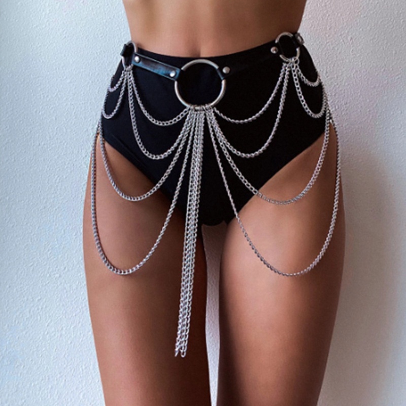 Flgo กางเกงสําหรับผู้หญิงผู้ชายพู่ยาวหลายชั้นเอว CHAIN HipHop Punk Jean CHAIN ผู้หญิงฤดูร้อนบิกินี่ 