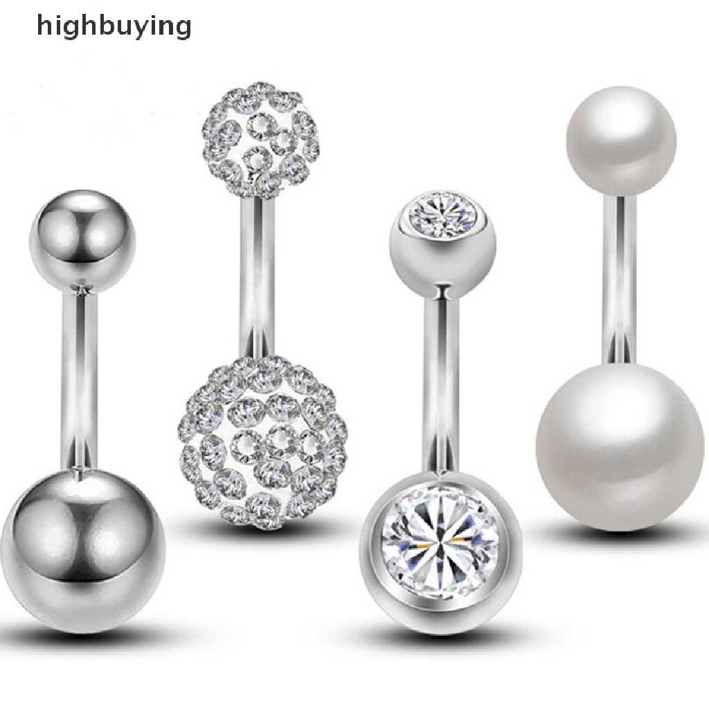 [highbuying] ใหม่ จิวสะดือ เจาะร่างกาย ประดับมุก คริสตัล สองลูก 14 กรัม 4 ชิ้น