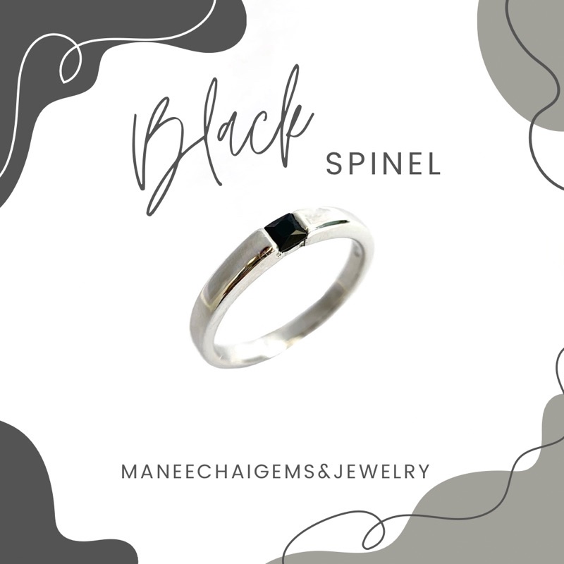 แหวนเงินแท้ 925 แหวนฝังพลอยนิลสีดำ ทรงสี่เหลี่ยม