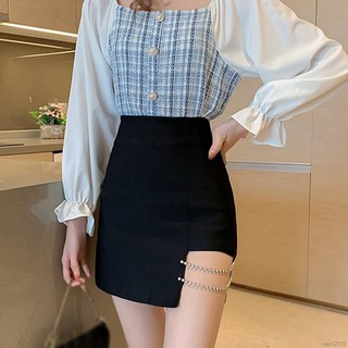 กระโปรงทรงเอแต่งโซ่เพชรข้าง​ Mini​ Skirt​ With​ Diamond​ Chain