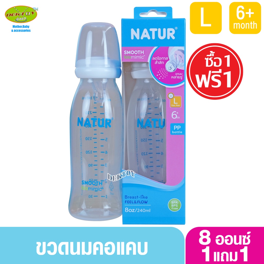 1แถม1 NATUR เนเจอร์ ขวดนมเนเจอร์คอแคบสมูทไบโอมิมิค 8 ออนซ์