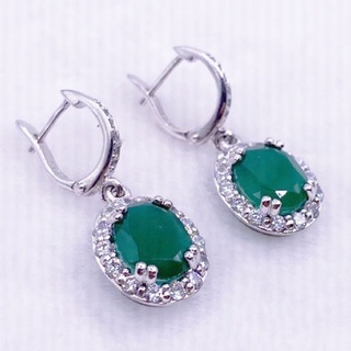 L6414 ต่างหูพลอยโมราแท้ ( Chrysoprase ) แบบอิงลิชล็อค ตัวเรือนเงินแท้ 925 ชุบทองคำขาว