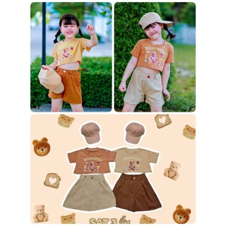 in // naa // แฟชั่นเด็ก ชุดเซ็ตเด็ก งานเซท 3 ชิ้น ชุดเซทเสื้อสกรีนลายน้องหมี Bearkery + กางเกงขาสั้น + หมวกเข้าเซท