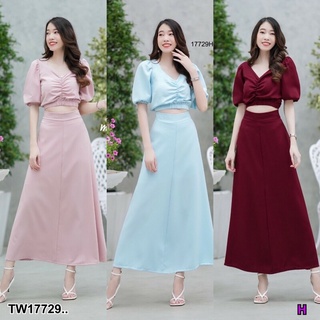 Set 2 ชิ้น เสื้อครอปเอวจั้มรูดย่นช่วงหน้าอก ปลายแขนจั้ม มีซิปหลัง + กระโปรงยาวทรงบาน ผ้าโฟร์เวย์สีพื้นสวย AP17729