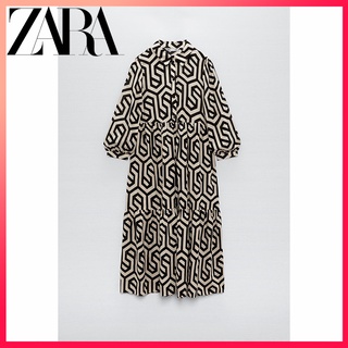 Zara ฤดูร้อนใหม่ ผู้หญิง ฝรั่งเศส อารมณ์ พิมพ์ลาย ชุดมิดี้