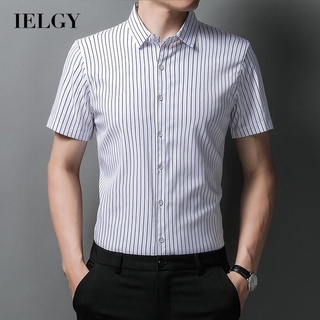 Ielgy เสื้อเชิ้ต แขนสั้น ลายทาง ลําลอง คอปก แบบบาง สําหรับผู้ชาย