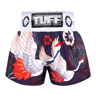 TUFF มวยไทย กางเกงมวยไทย สีน้ำเงินเข้ม ลายนก TUFF Muay Thai Boxing Shorts Navy Blue Japanese Drawing Crane Birds