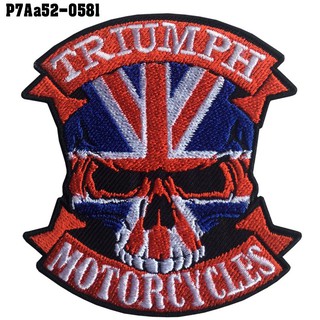 อาร์มปักลาย TRIUMPH หัวกะโหลก Union Jack /Size 8*7cm #ปักขาวแดงน้ำเงินดำพื้นโพลีดำ งานปักราคาดีสมราคา No.P7Aa52-0581