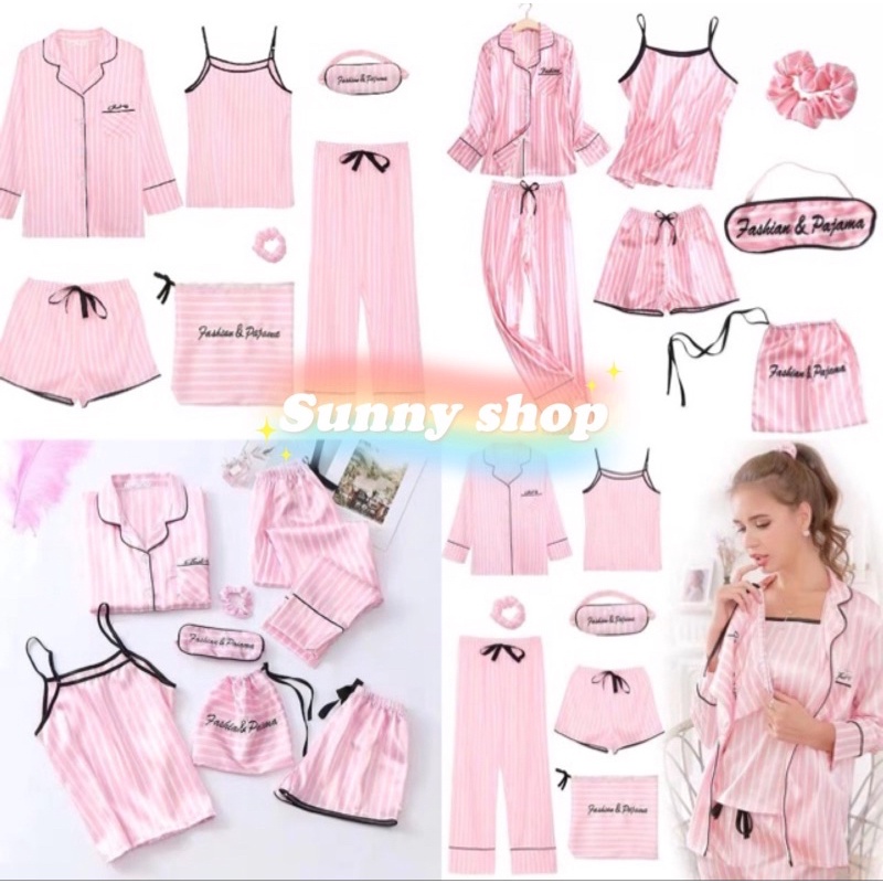 SUNNY SHOP—ชุดนอนผู้หญิง ผ้าซาติน 7ชิ้นรวม(มีไซส์m-xl ลาย🍓