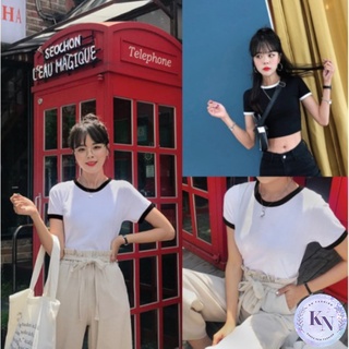 🎏Korea NEW เสื้อครอปคอกลม กุ้นขอบ แขนสั้น