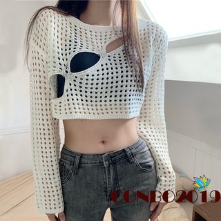 Hgm- เสื้อยืดแขนยาว คอกลม ผ้าถัก ทรงหลวม แฟชั่นสําหรับผู้หญิง