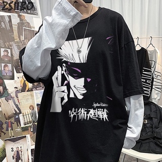 คอลูกเรือเสื้อยืดแขนยาวลําลอง พิมพ์ลายอนิเมะ Jujutsu Kaisen Gojo Satoru Fake Two Piece Yuji Itadori สําหรับผู้ชาย และผู้