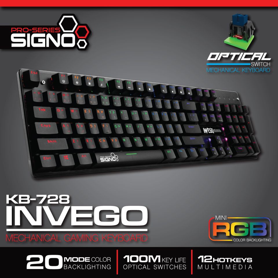 คีย์บอร์ดเกมส์มิ่ง  SIGNO GAMING KEYBOARD MECHANICAL MINI RGB INVEGO KB-728 BLACK(Blue Optical SW) ส