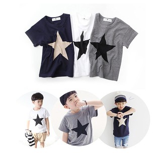 BABYWORLD เสื้อยืดลำลอง แขนสั้น สีพื้น พิมพ์ลายดาว สำหรับเด็กผู้ชาย