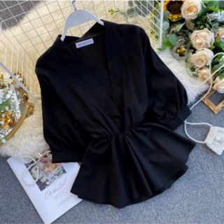 Z011 Black New Zara เสื้อดำ เสื้อคอวีมีเกาะอกในตัว ผ้าซาร่าเนื้อดี แขนห้าส่วน จั๊มเอว มีโบว์ผูกหน้าหลังได้